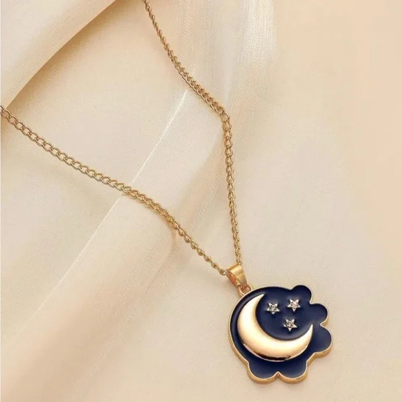 “Starry Skies” Night Sky Gold Crescent Half Moon Sparkly Stellar Cloud Necklace - Picture 2 of 5